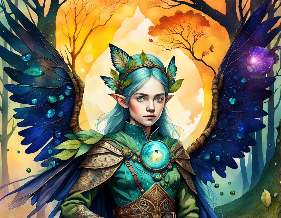 Elf Pathfinder with Peacock Chick in Forest