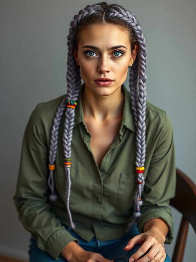 Beautiful Woman with Lavender Braids in Photo-Realistic Styl...