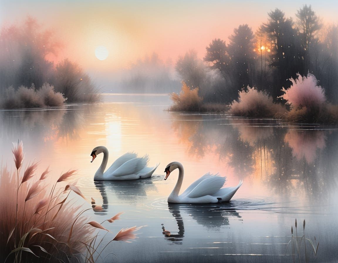 Swans on Misty Lake: An Impressionist Painting