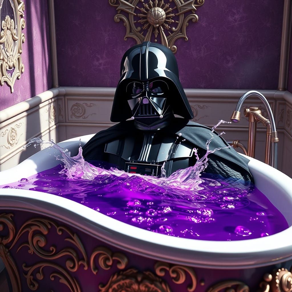 Darth Vader Submerged in Ornate Purple Bathtub