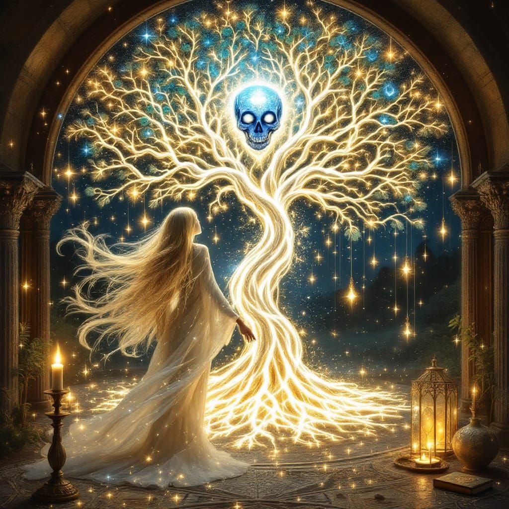 Ethereal Woman Dances with Light Energy in Cosmic Home