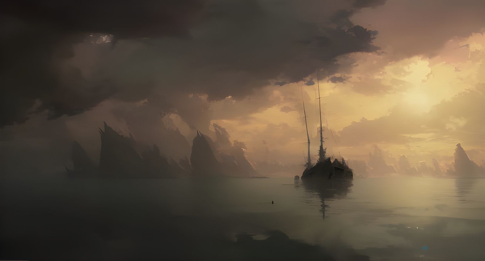 Detailed Boat on Sunset Ocean in Anime Style