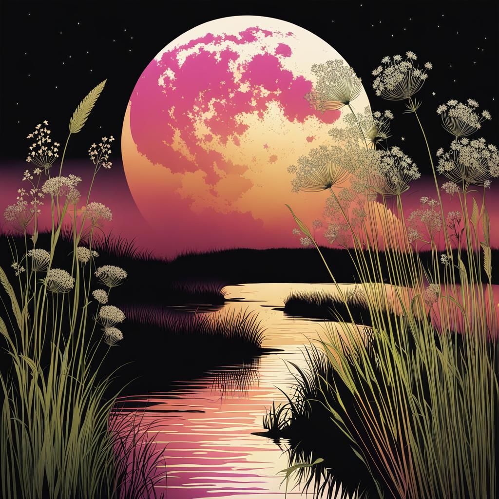Moonlit River Scene in Black-Rose and Honeysuckle