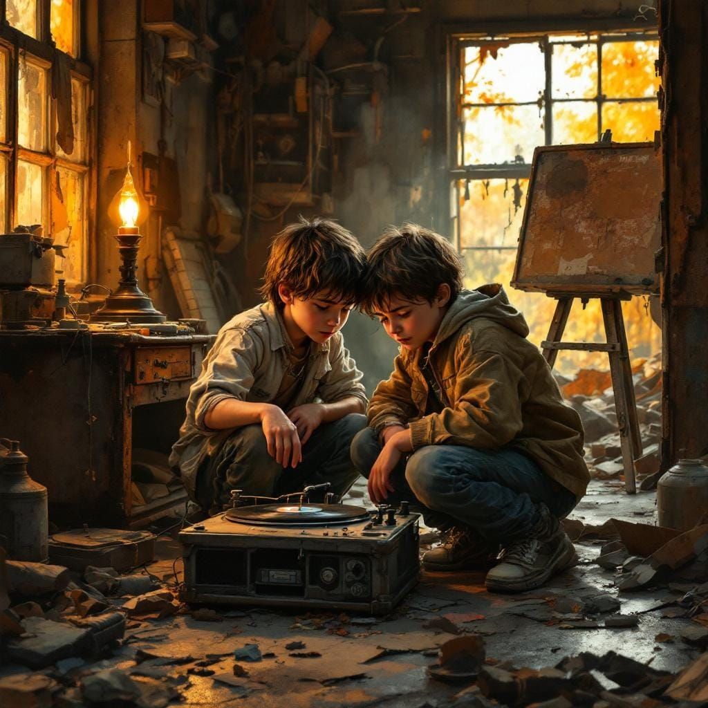 Children Listening to Music in Ruined Garage