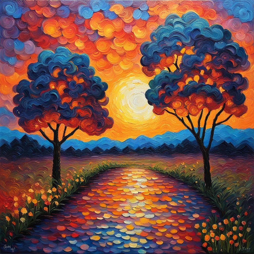 Expressionist Sunset in Impasto Oil Painting Style