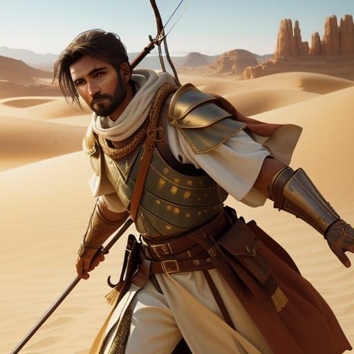 Archer in Desert Garb on Sandy Dune as Oil Painting