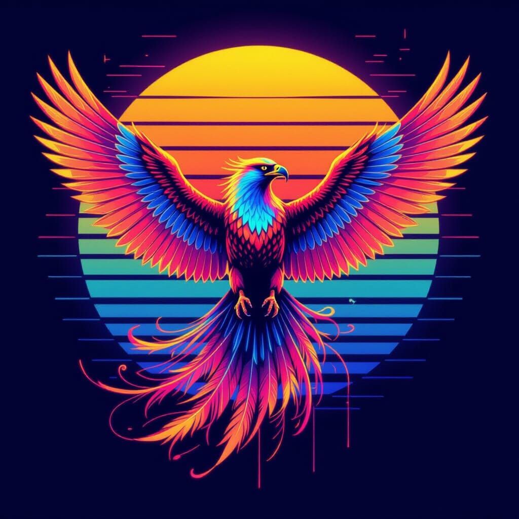 Iridescent Phoenix in Synthwave Retro Futurism