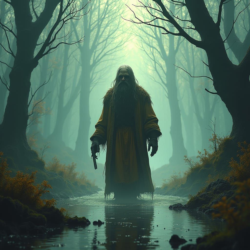 Bog Man in Mystical Wetland, Folk-Horror Art