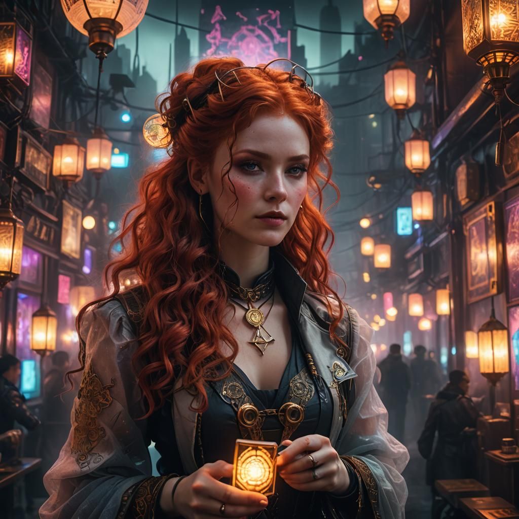 Cyberpunk Redhead with Tarot Cards in Neon City