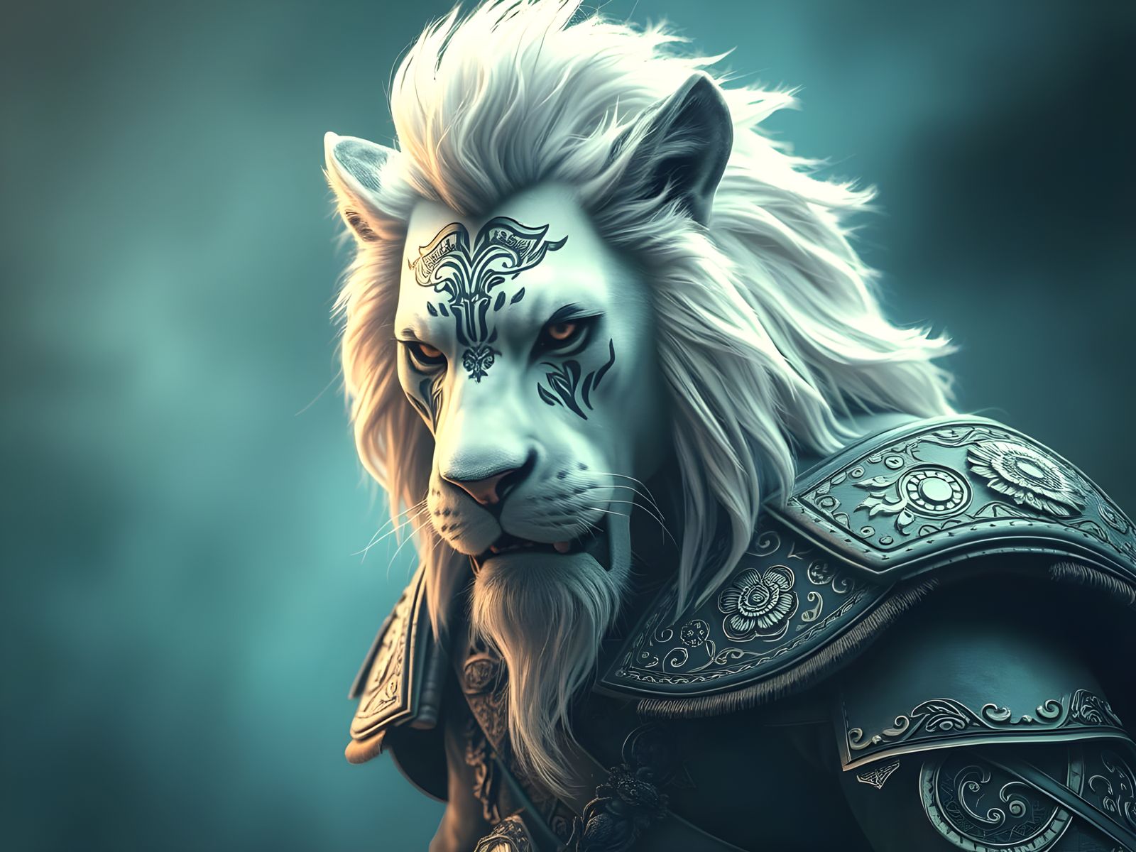 Epic Warrior Lion with Tattoos in Foggy Blue Scene