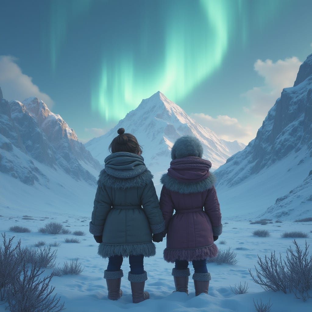 Mysterious Tundra Landscape with Twin Siblings in Earth-Tone...