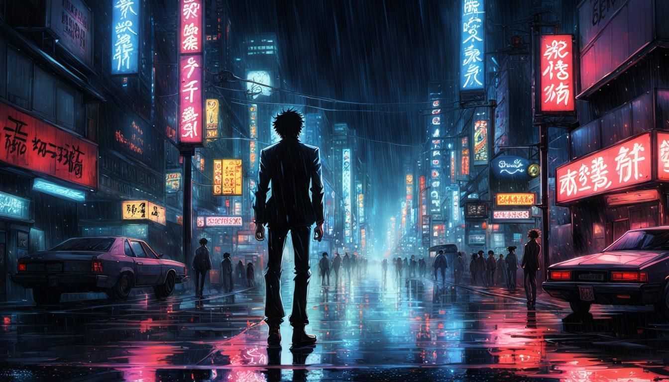 Spike Spiegel in Rainy Cyberpunk Anime Scene