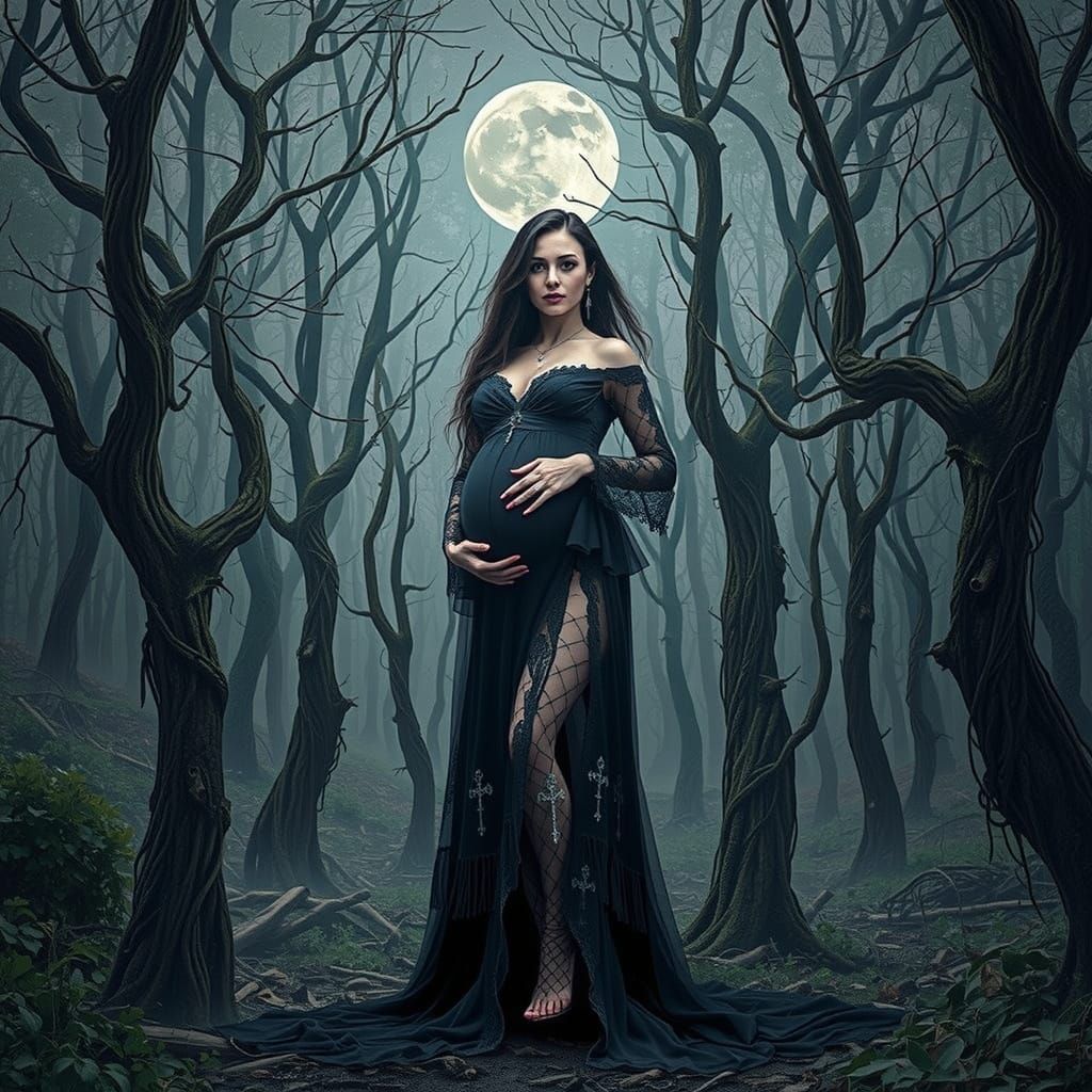 Gothic Latina Goddess Under Moonlit Fog