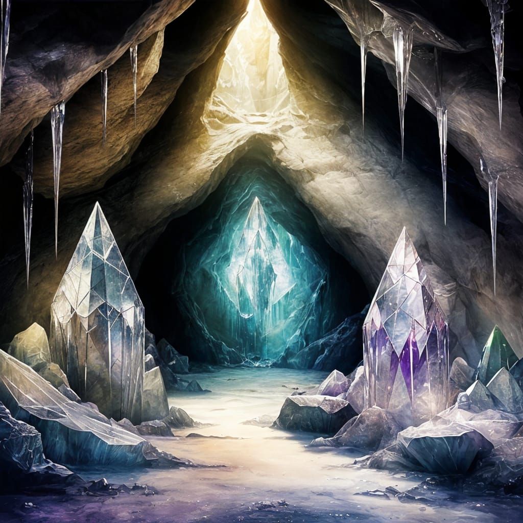 Eerie Crystal Cave Watercolor Painting