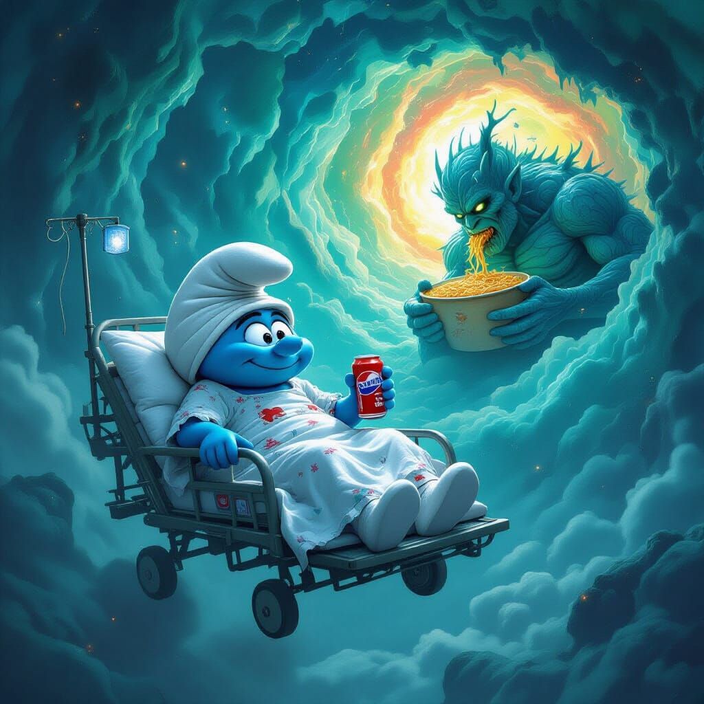 Surreal Smurf Rides Flying Bed Through Space