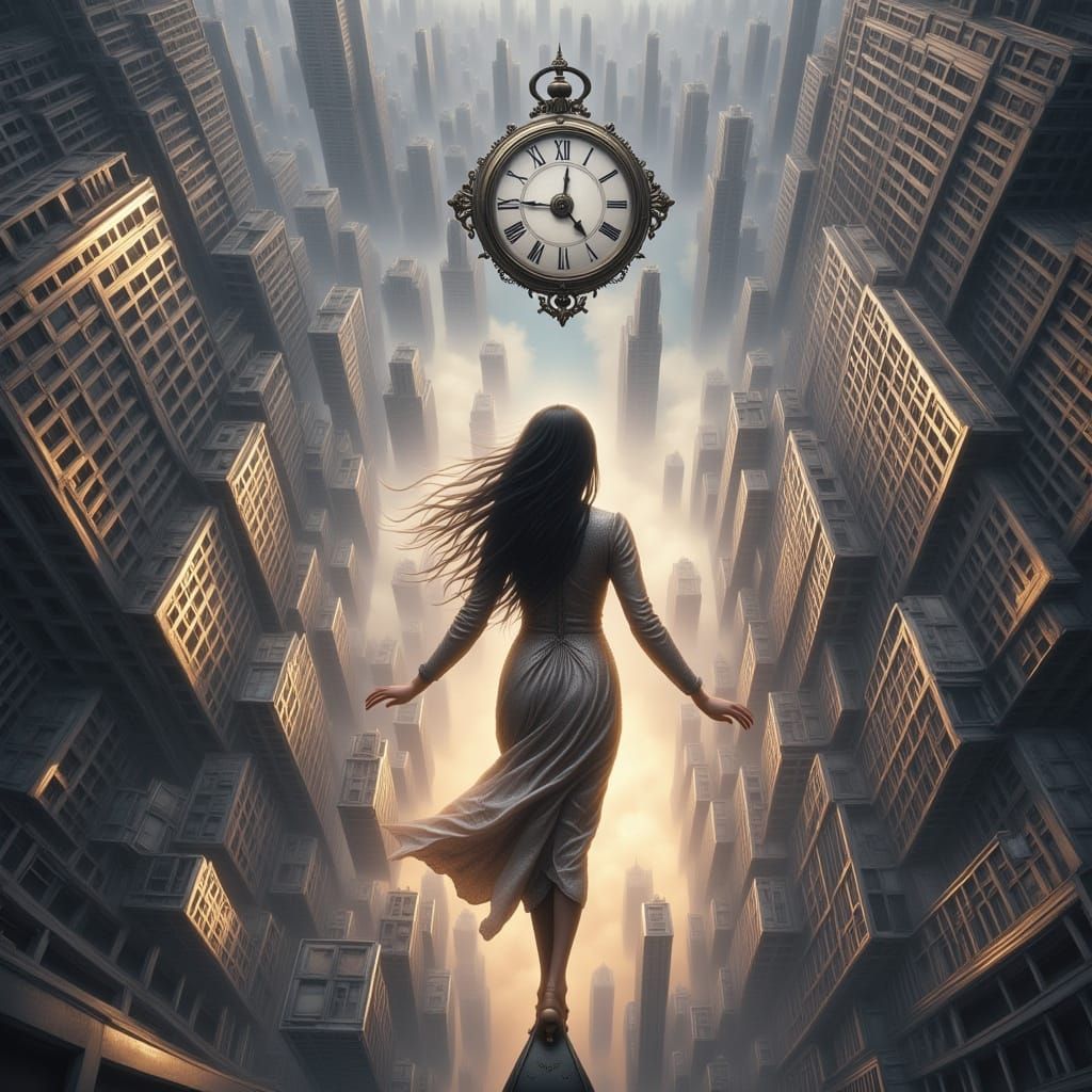 Clockwork Woman on Skyscraper Edge