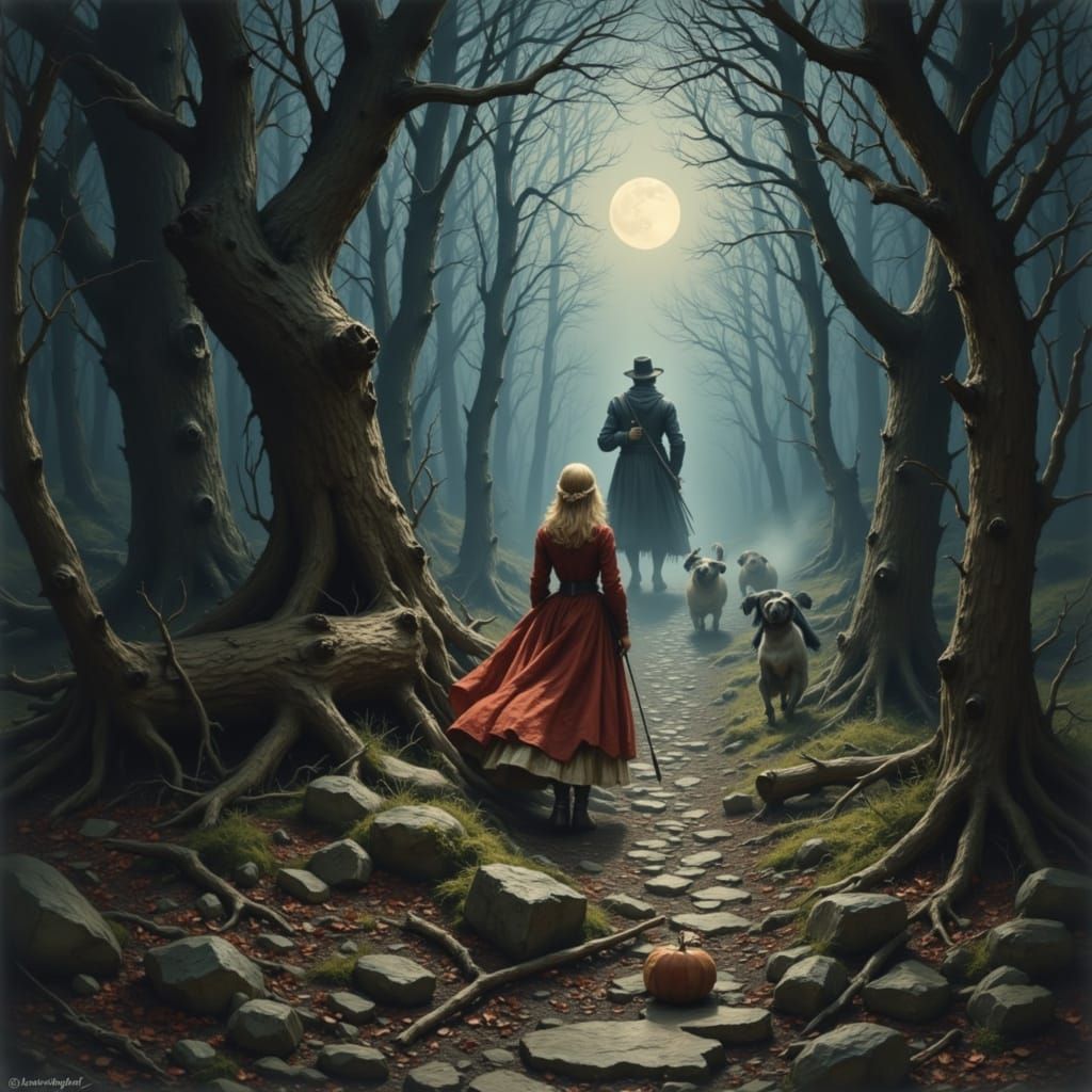 Anne de Breuil Pursued by Hunter Athos in Dramatic Forest