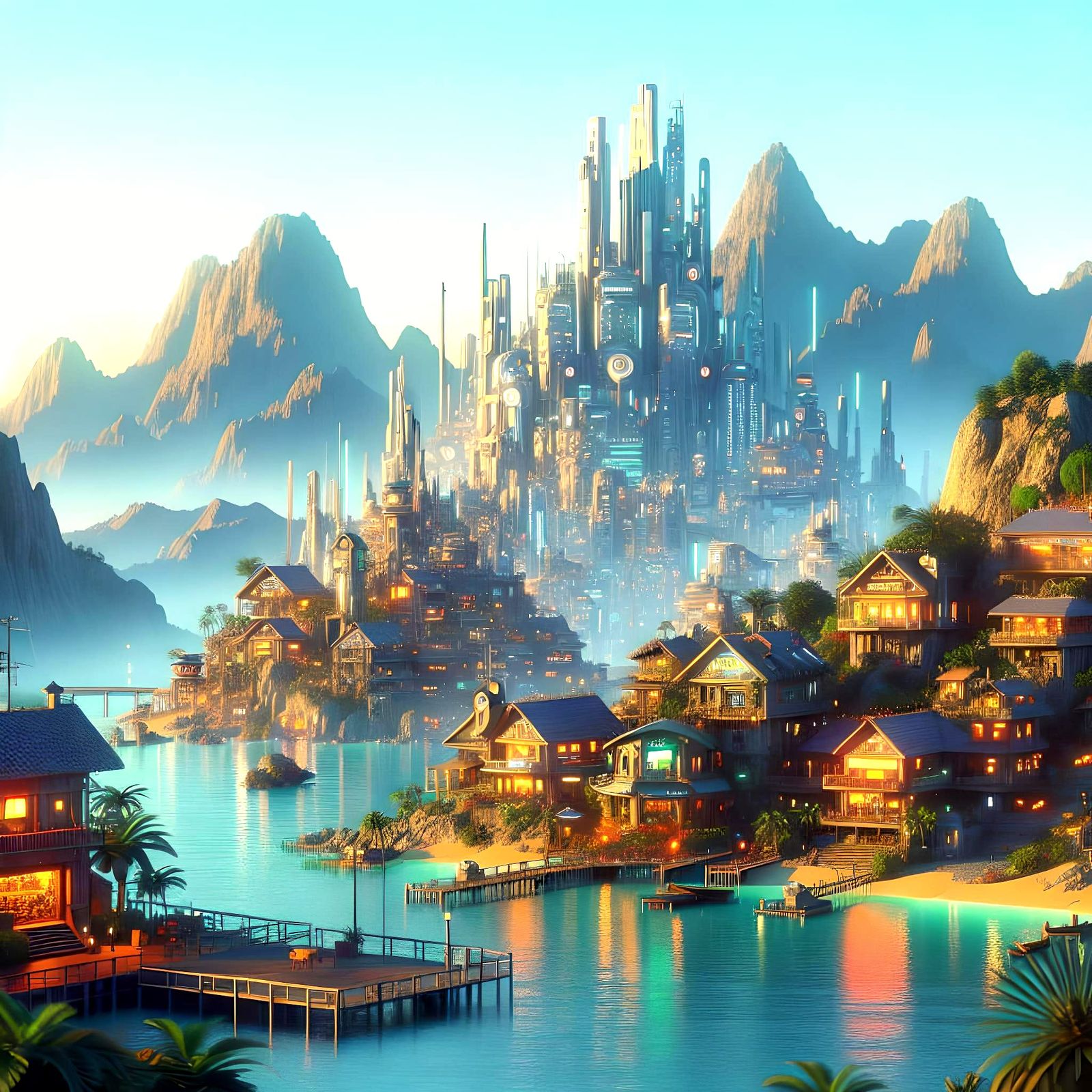 Retrofuturistic Cyberpunk Town with Eco Elements