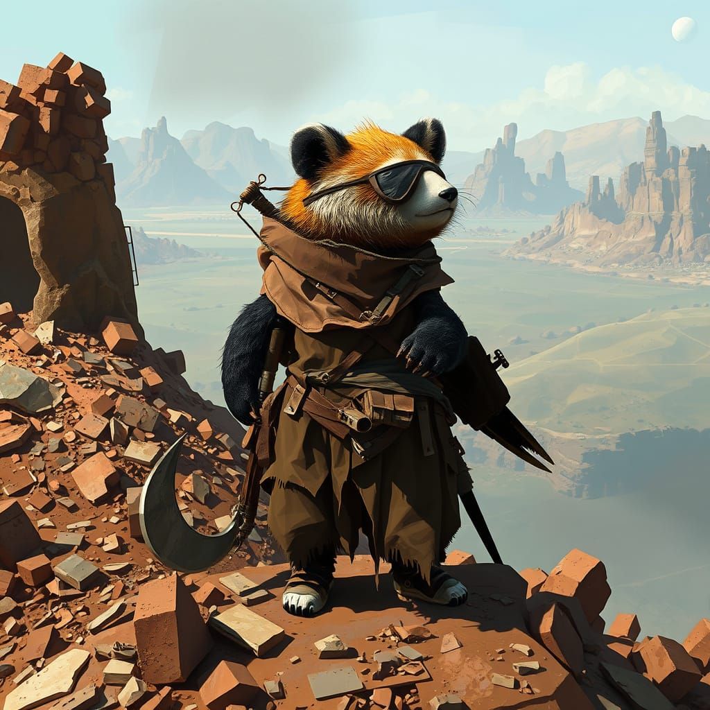 Panda Warrior in Desolate Cyberpunk Landscape