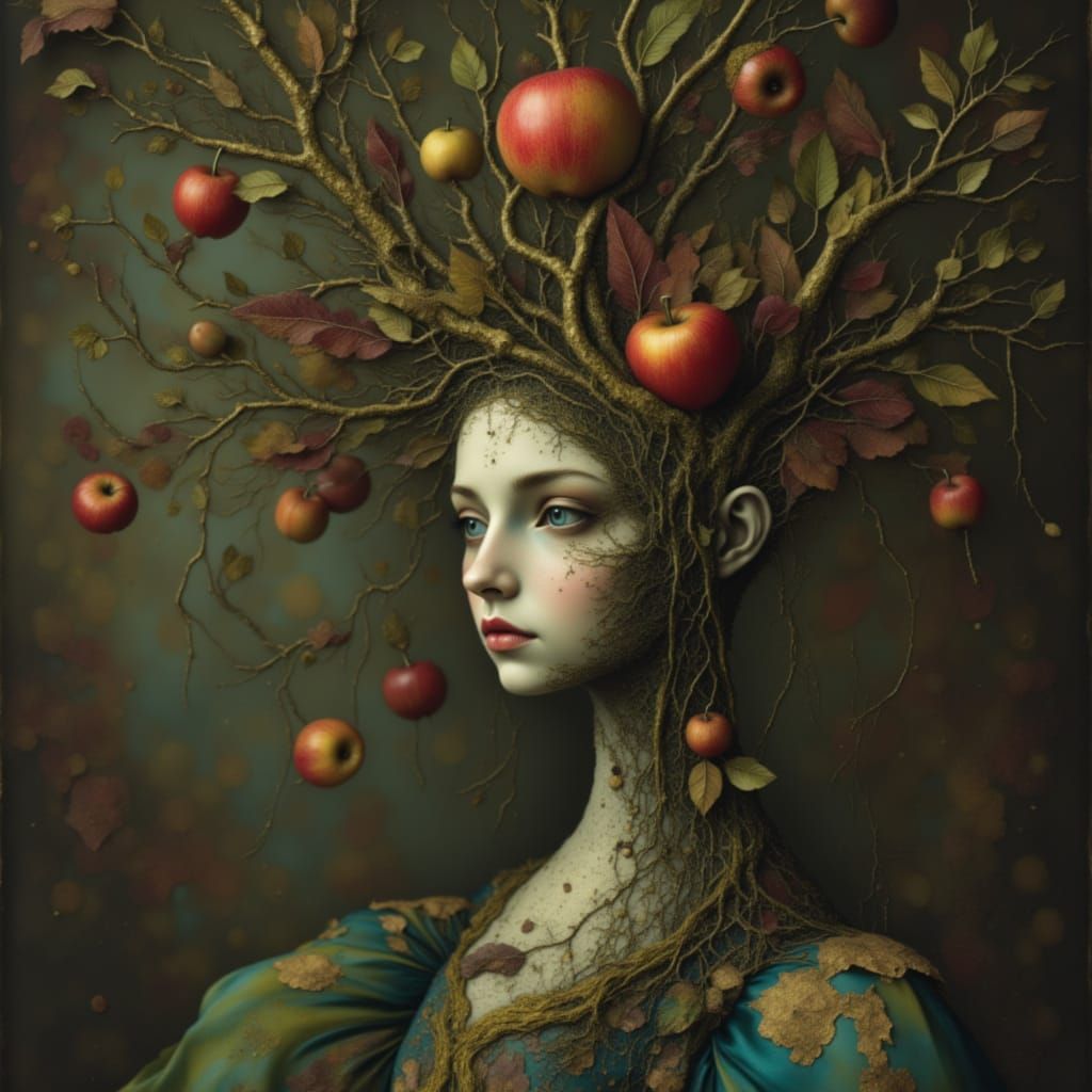 Whimsical 1820s Tree Woman with Apple Head