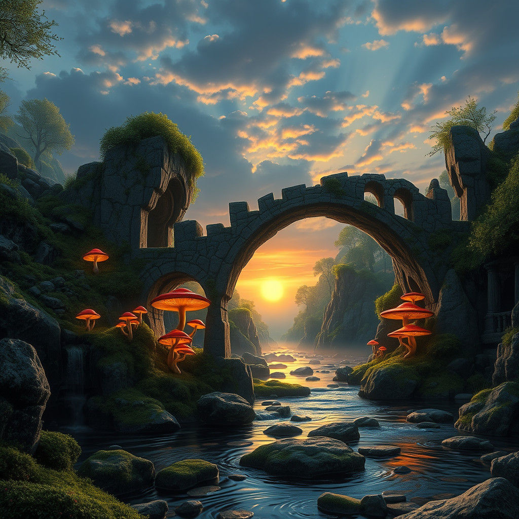 Mystical Riverbank Scene with Ancient Stone Bridges