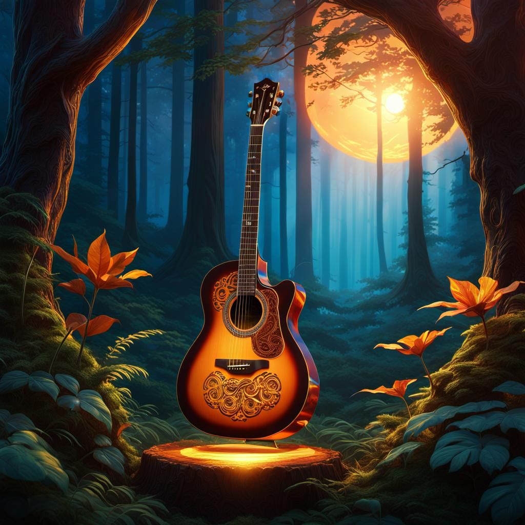 Guitar with Sunset in Mystical Forest