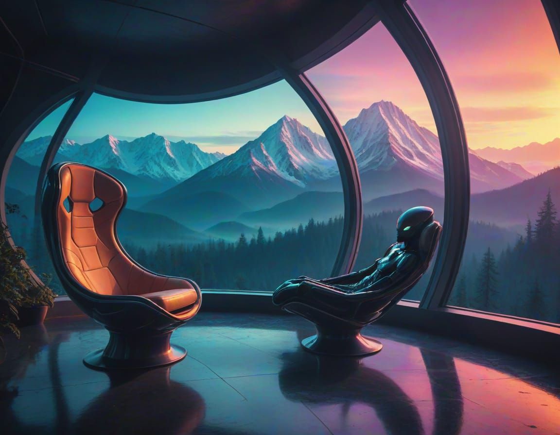 Alien Contemplating Misty Forest Through Sci-Fi Window