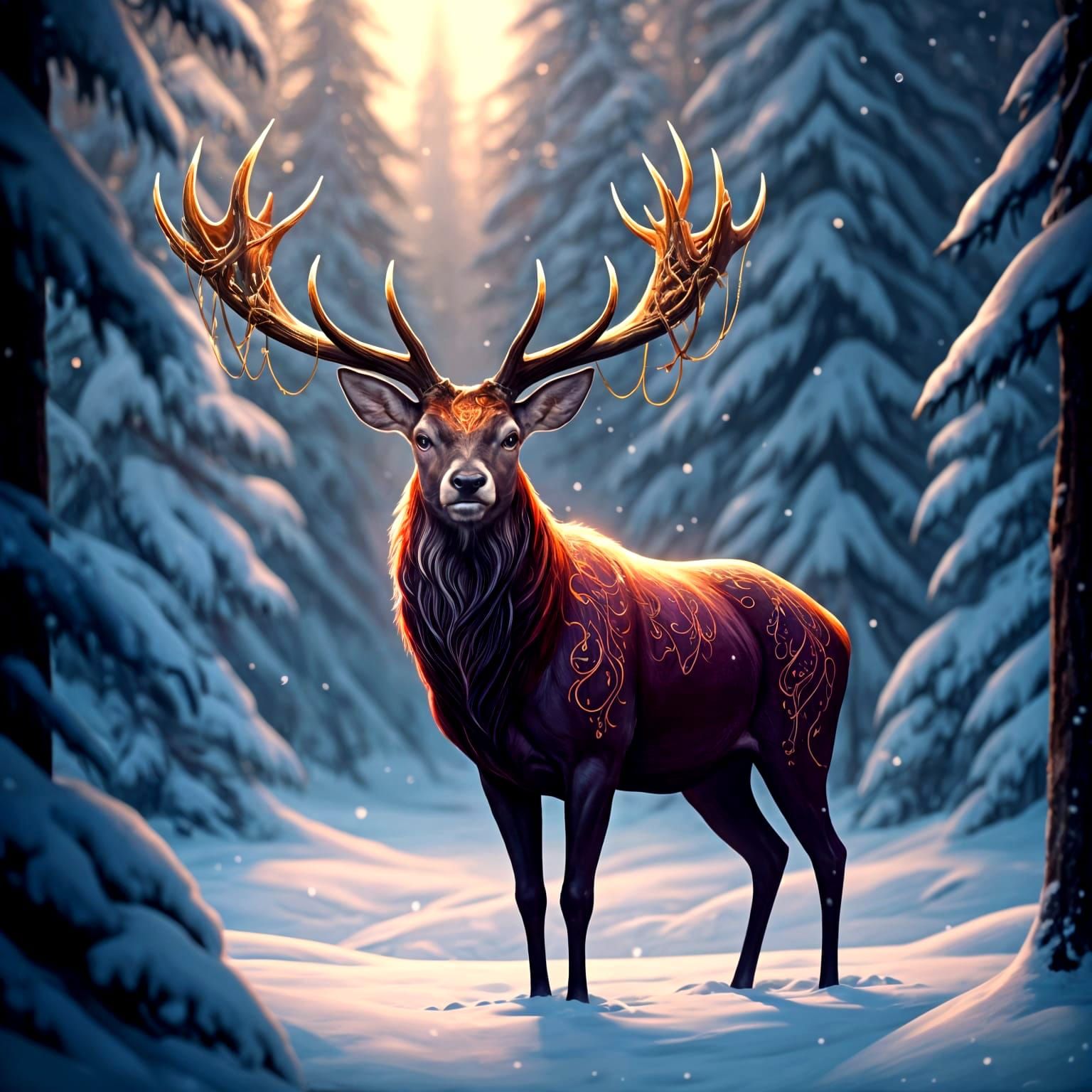 Velvet Stag with Ornate Gold Antlers in Snowy Forest