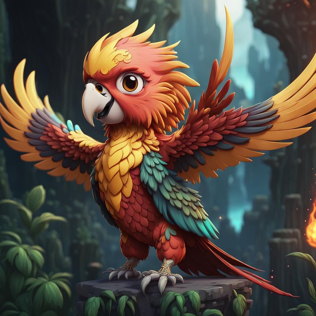 Chibi Phoenix Parrot in Detailed Digital Art