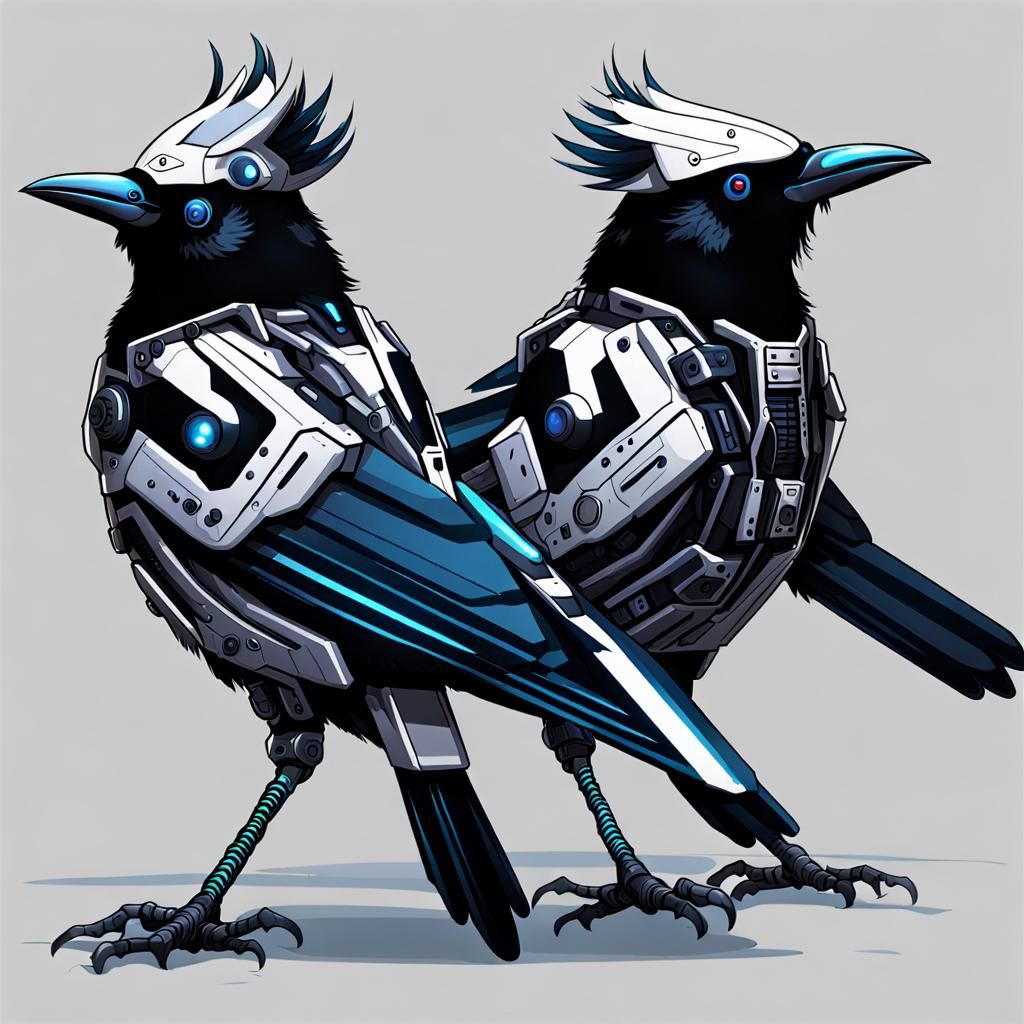 Cyberpunk Cyborg Magpies in a Futuristic Cityscape