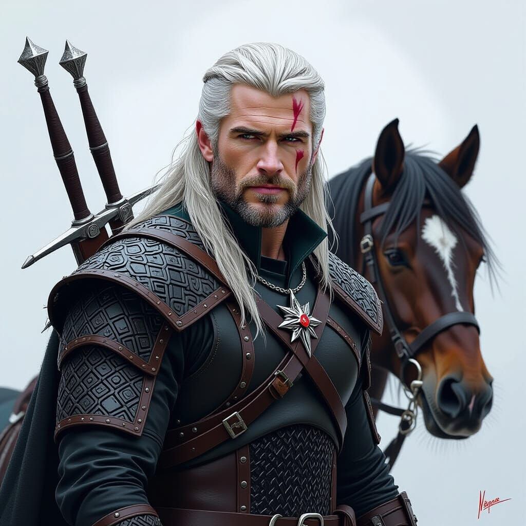 Liam Hemsworth as Geralt in Dark Fantasy Style