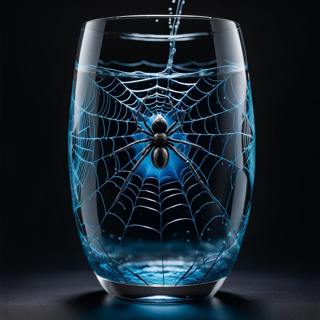 spider in the transparent spiderweb Blue glass