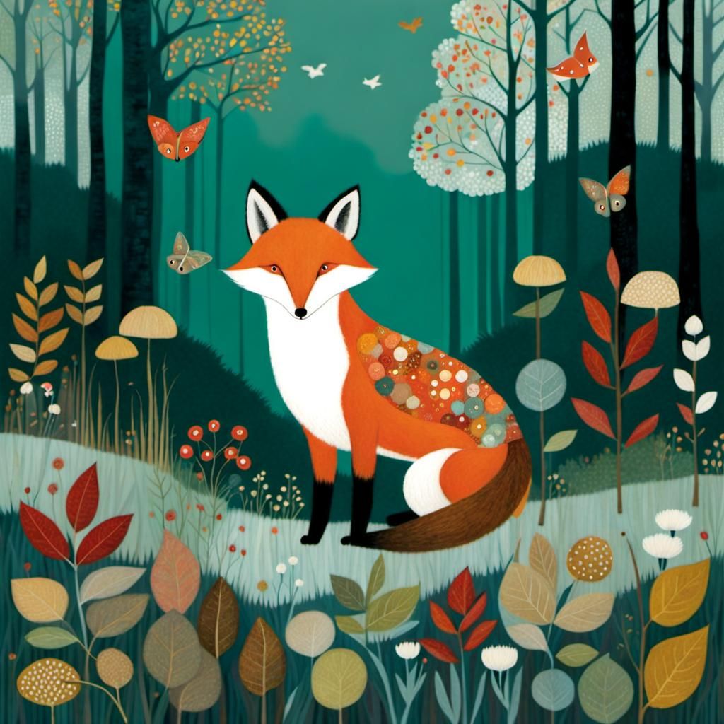 Autumn Fox in Forest: Klimt-Inspired Illustration