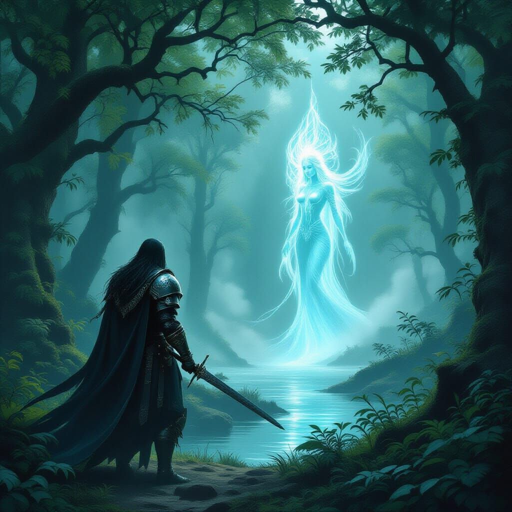 Medieval Knight Encounters Ethereal Forest Spirit