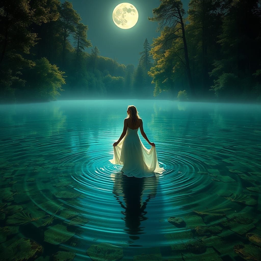 Serene Woman Under Full Moon in Maximalist Digital Painting