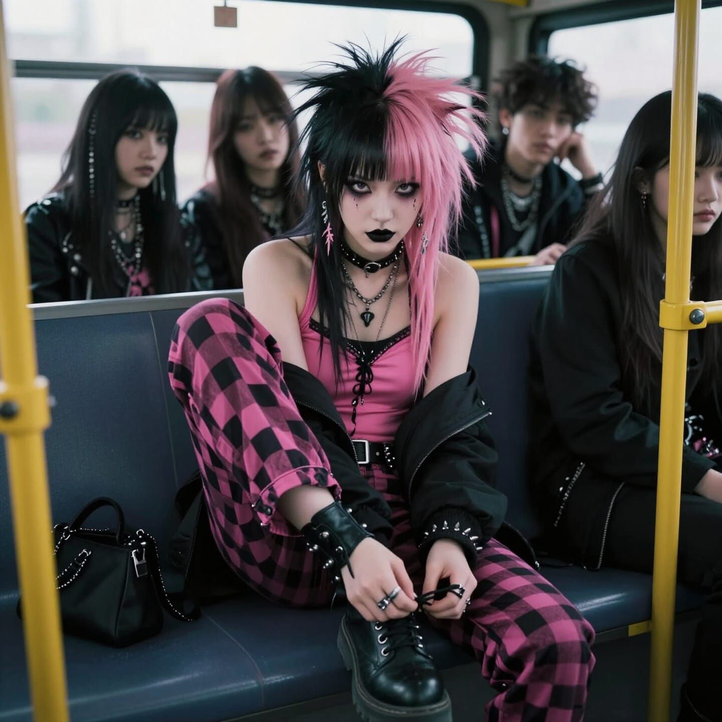 Punk Girl Tying Boot on Bus Bench with Friends