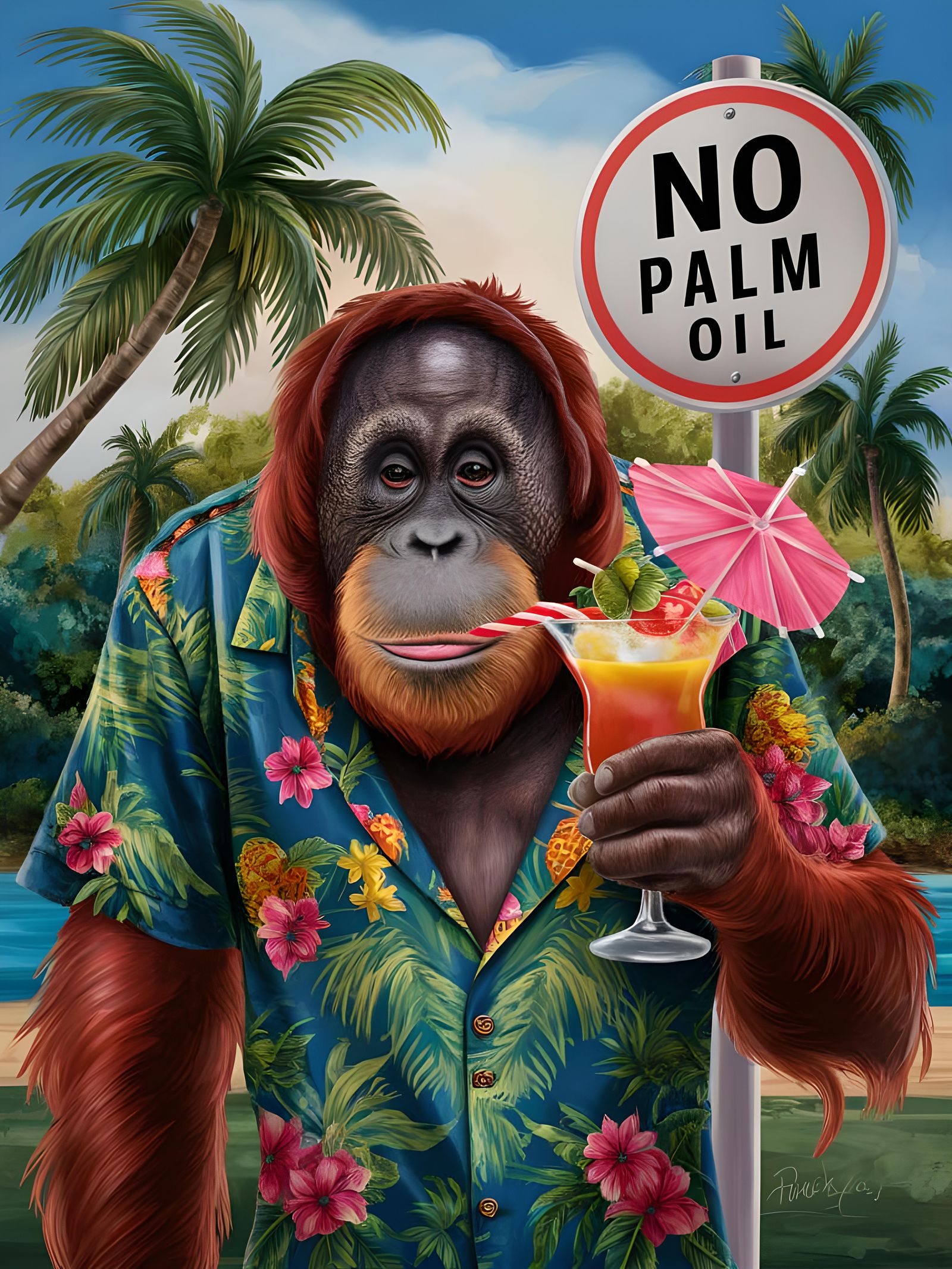 Orangutan in Hawaiian Shirt with Cocktail: No Palm Oil
