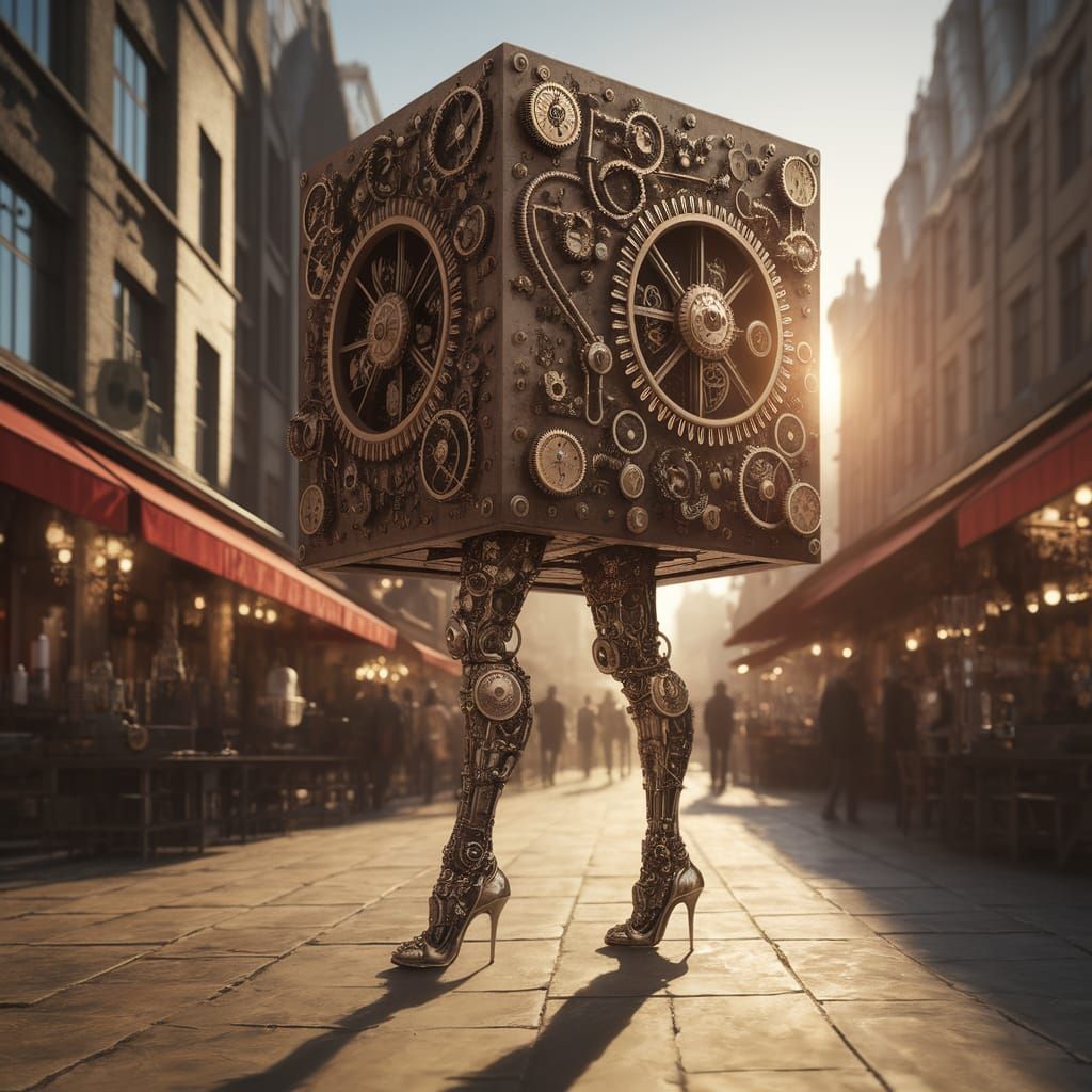 Steampunk Goddess Emerges from Clockwork Cube