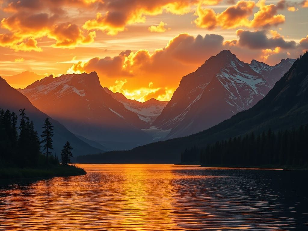 Serene Oil Painting of Majestic Mountains and Tranquil Lake