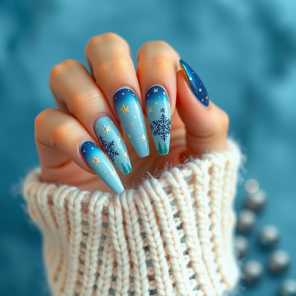 Vintage Christmas Nail Art on Blue Ombre Stiletto Nails