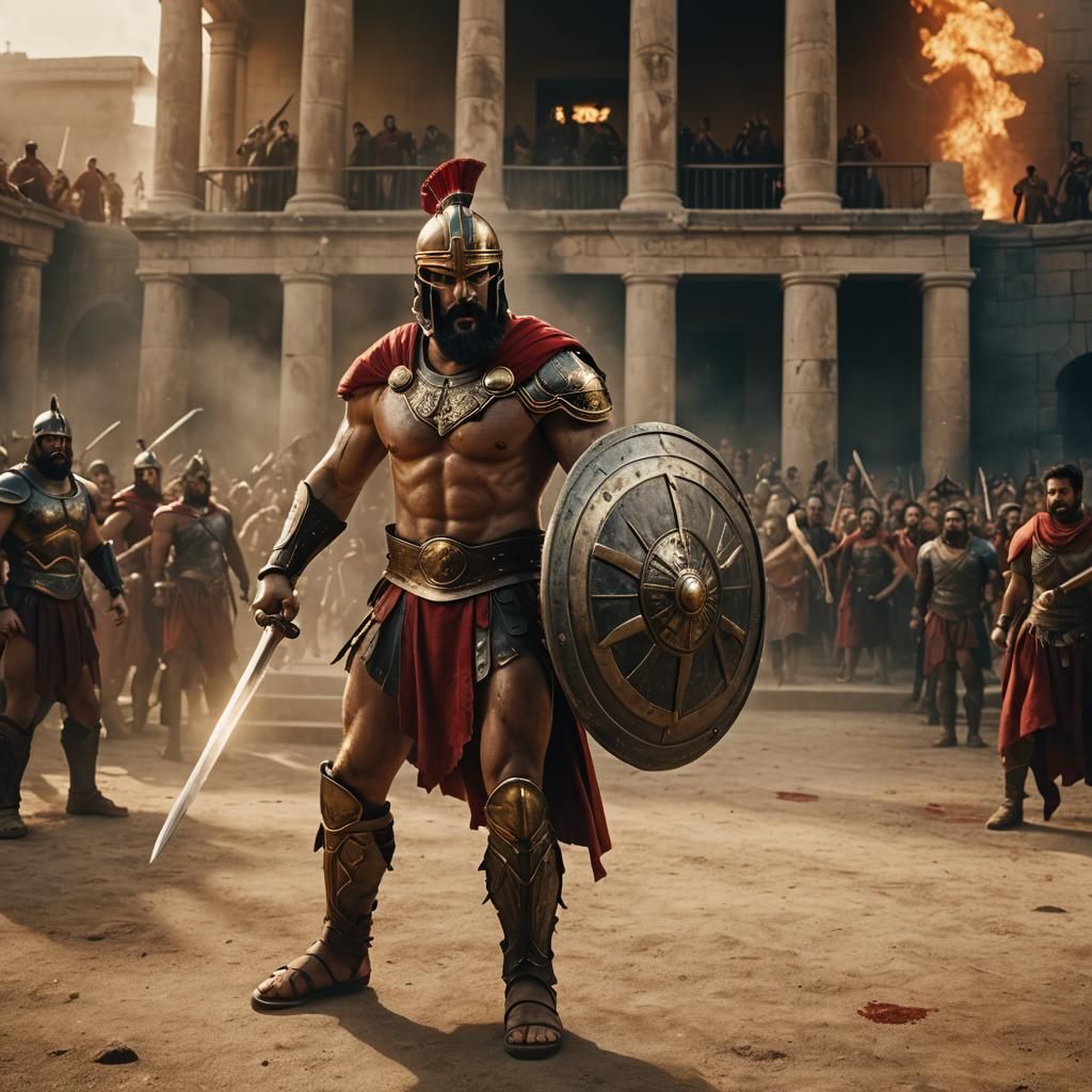 Menacing Gladiator in Burning Arena with Golden Light