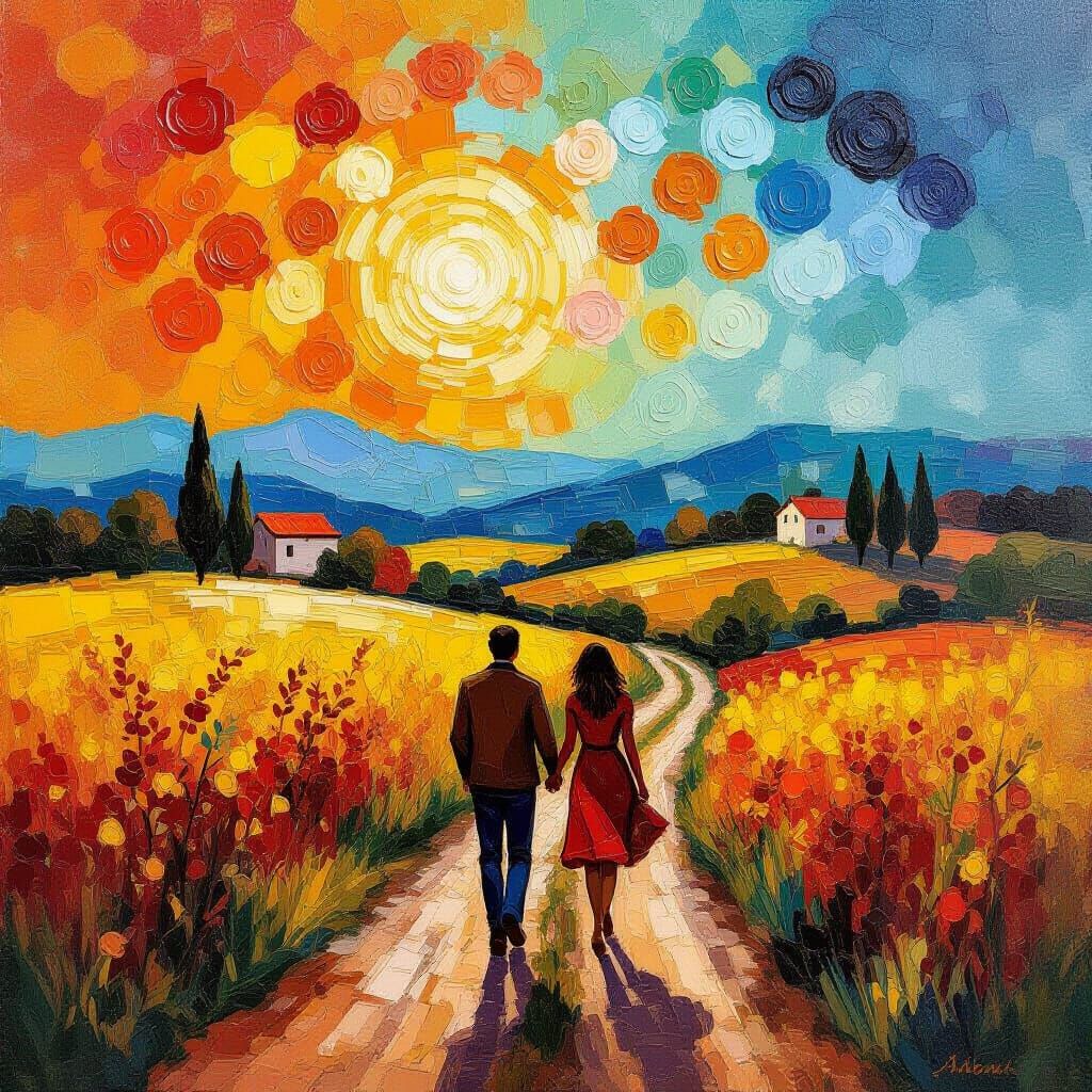 Impasto Painting of Couple Walking on Dirt Road