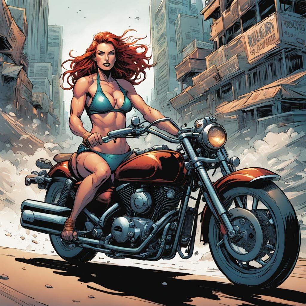 Redhead Biker Girl: Comic Book Art Style