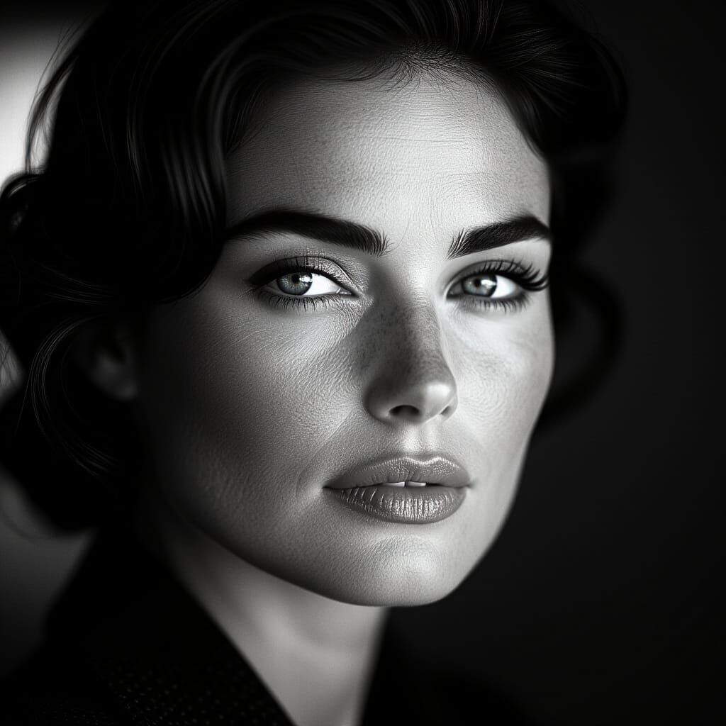 Black and White Portrait of Thoughtful Woman in Noir Style