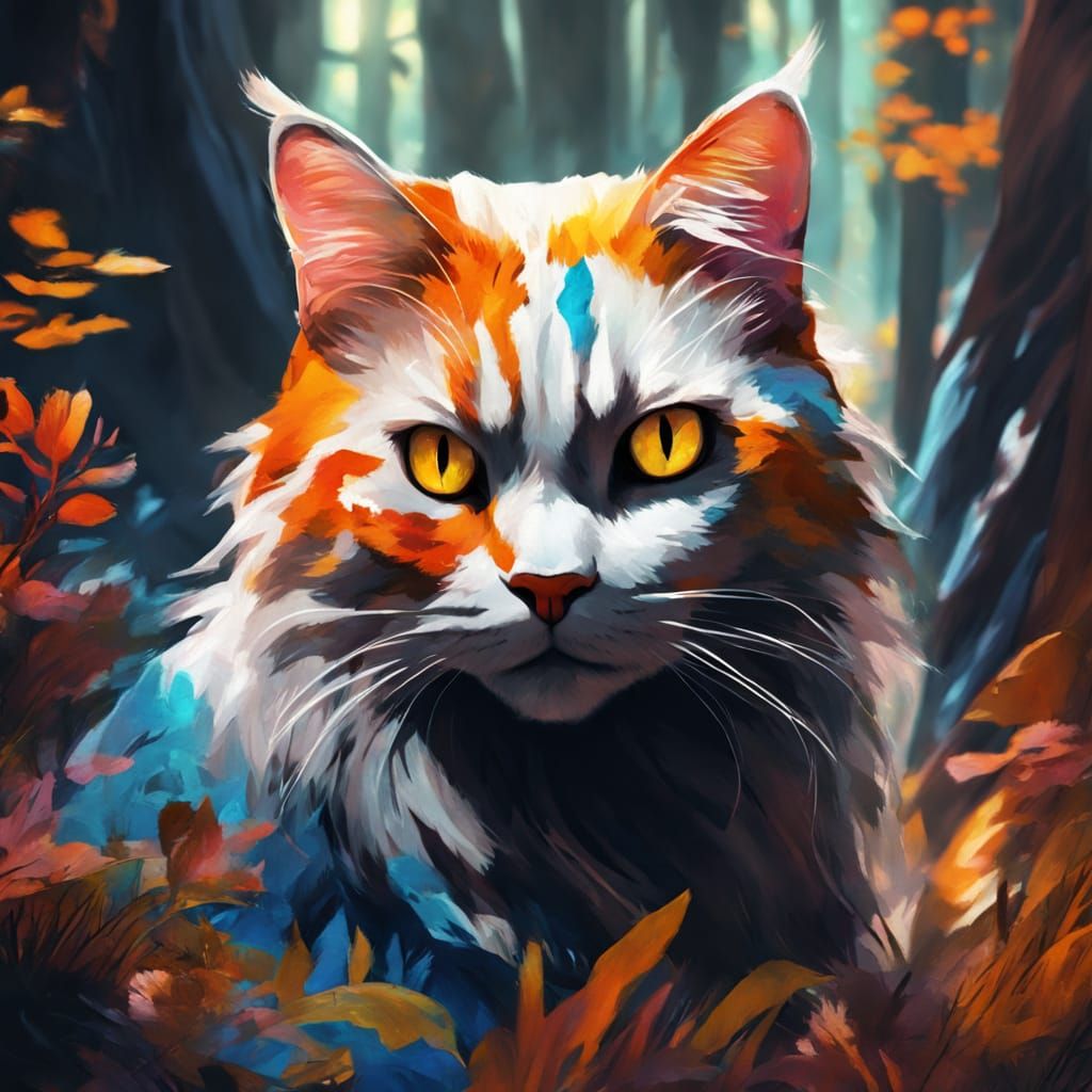Elegant Crazy Cat in Vibrant Woodland Scene