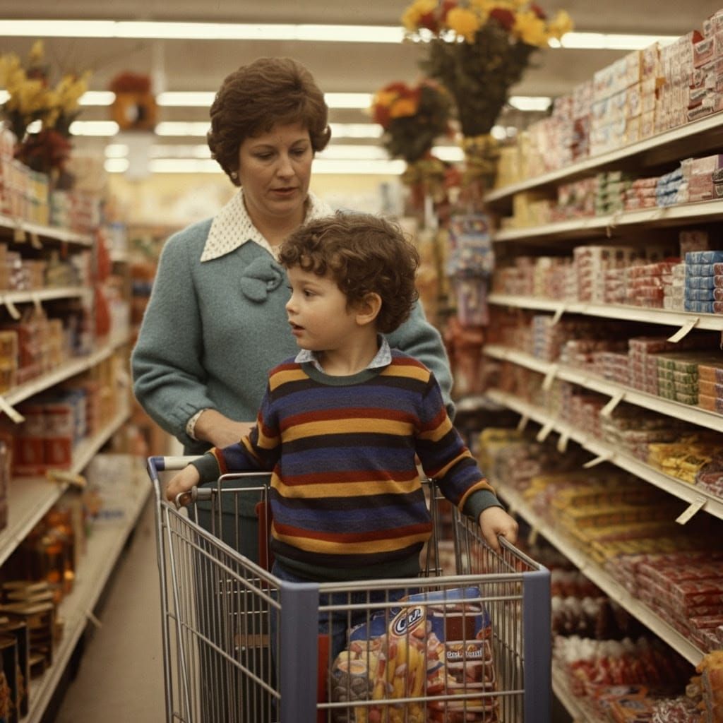 Nostalgic Grocery Store Scene in Retro 1970s Style