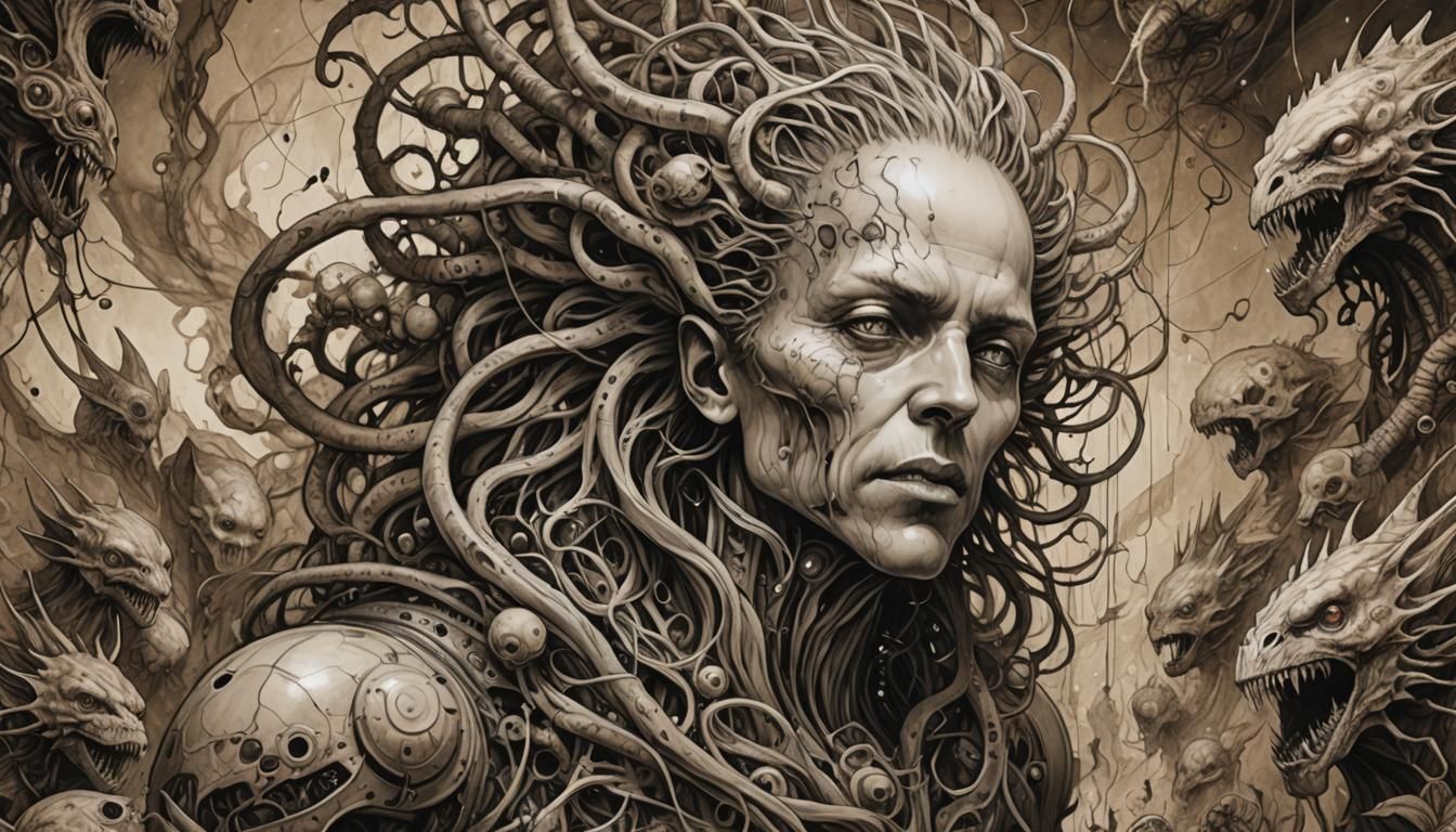 Emrakul in Cyberspace: Surreal Sepia-Toned Drawing