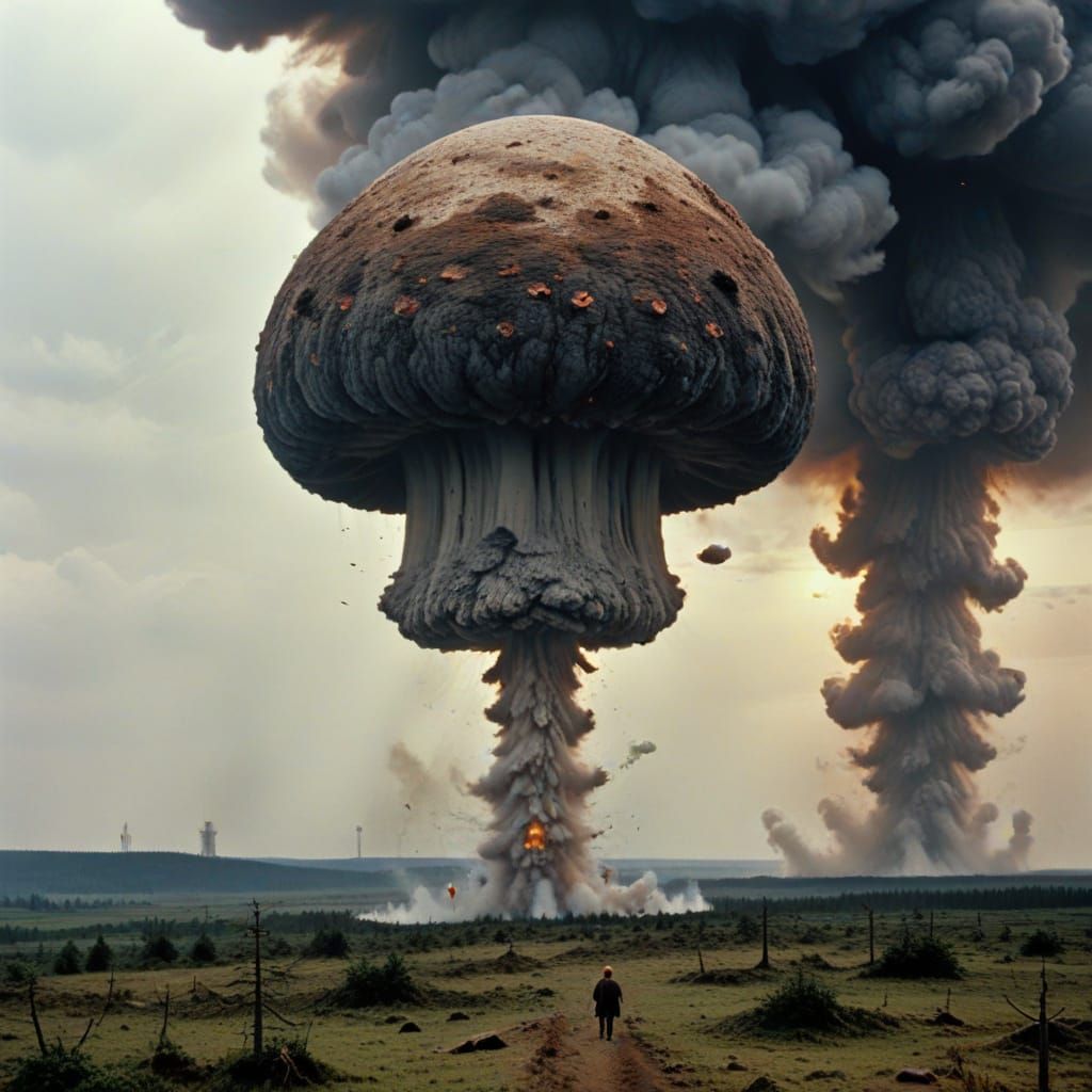Angry Egg on Nuclear Cloud in Tarkovsky Style