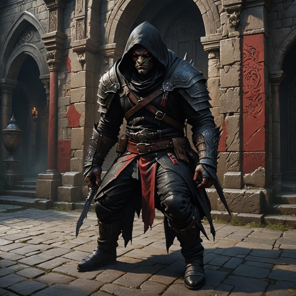 Half-Orc Assassin in Opulent Courtyard: Dark Fantasy Art