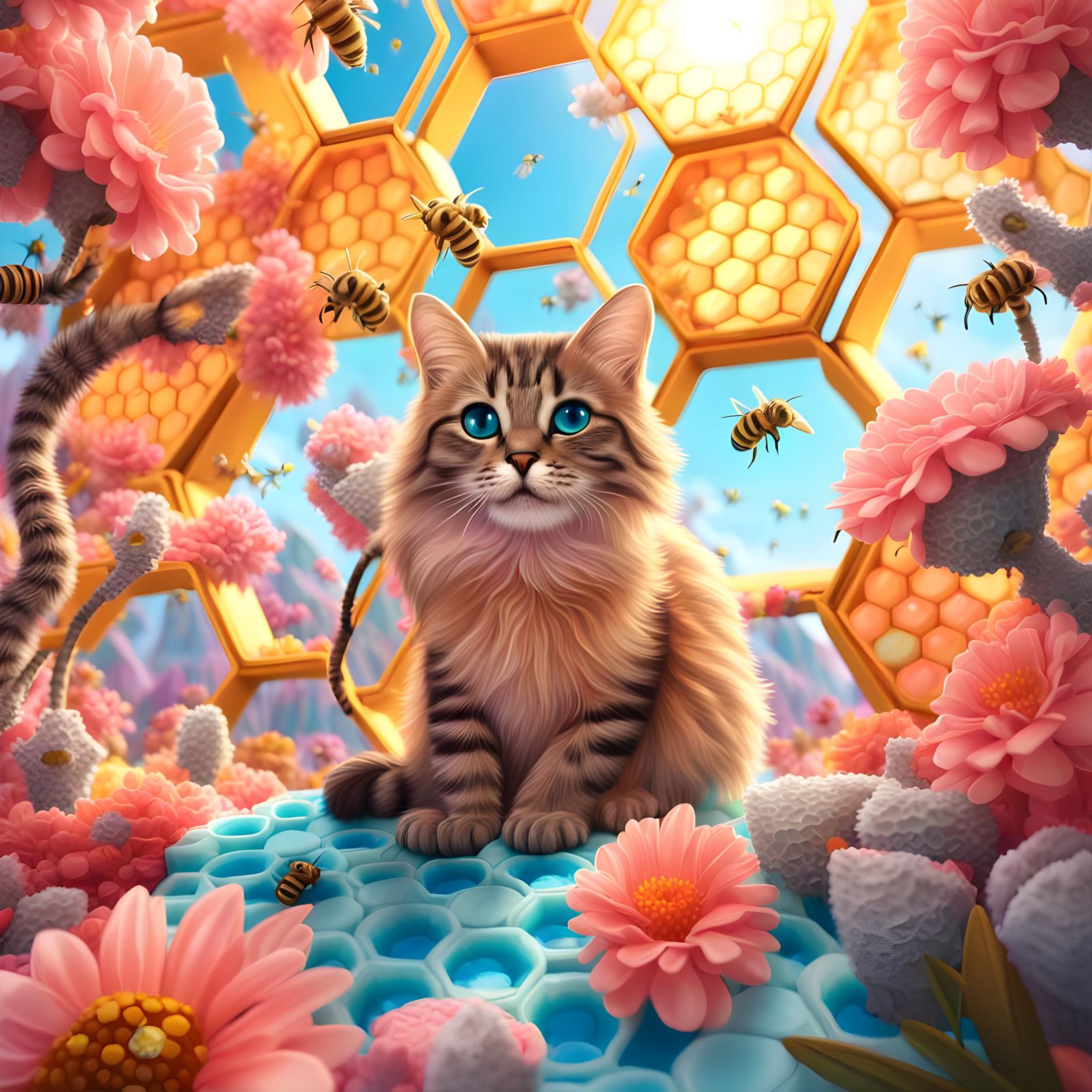 Honeybee Cat Fusion: 3D Digital Art in Candy Style